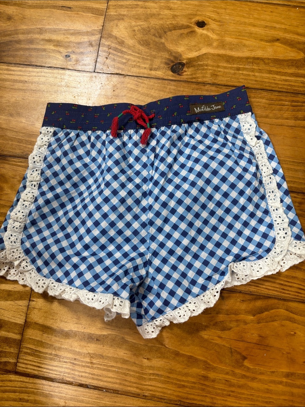 Matilda Jane Size 4 Blue & White Gingham Shorts w/Cherry Waistband